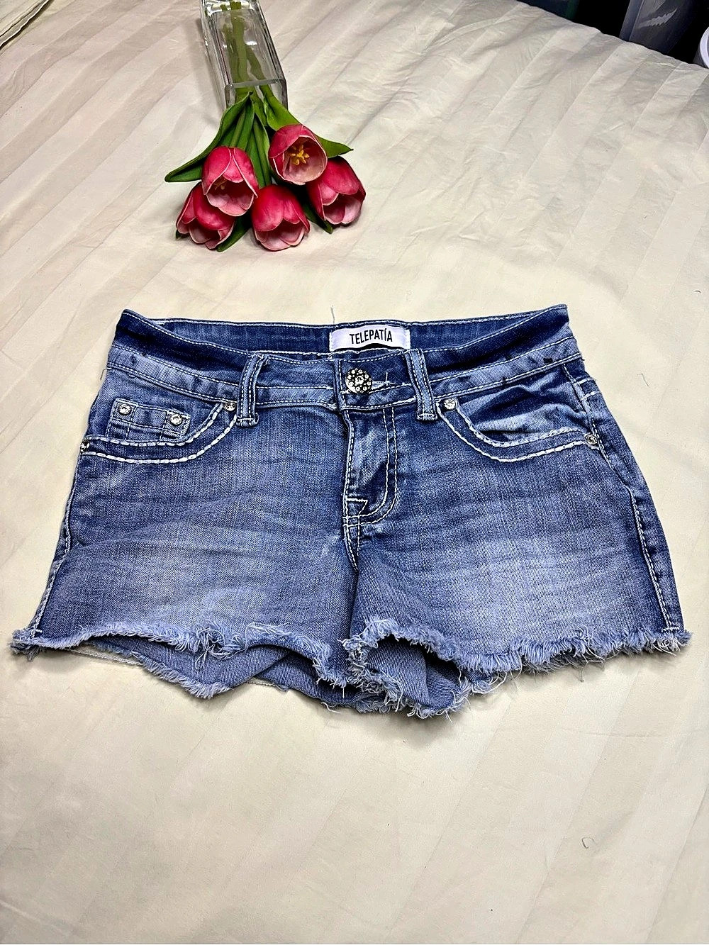 Telepatia Embellished Denim Jean Shorts in Blue Size 0/24